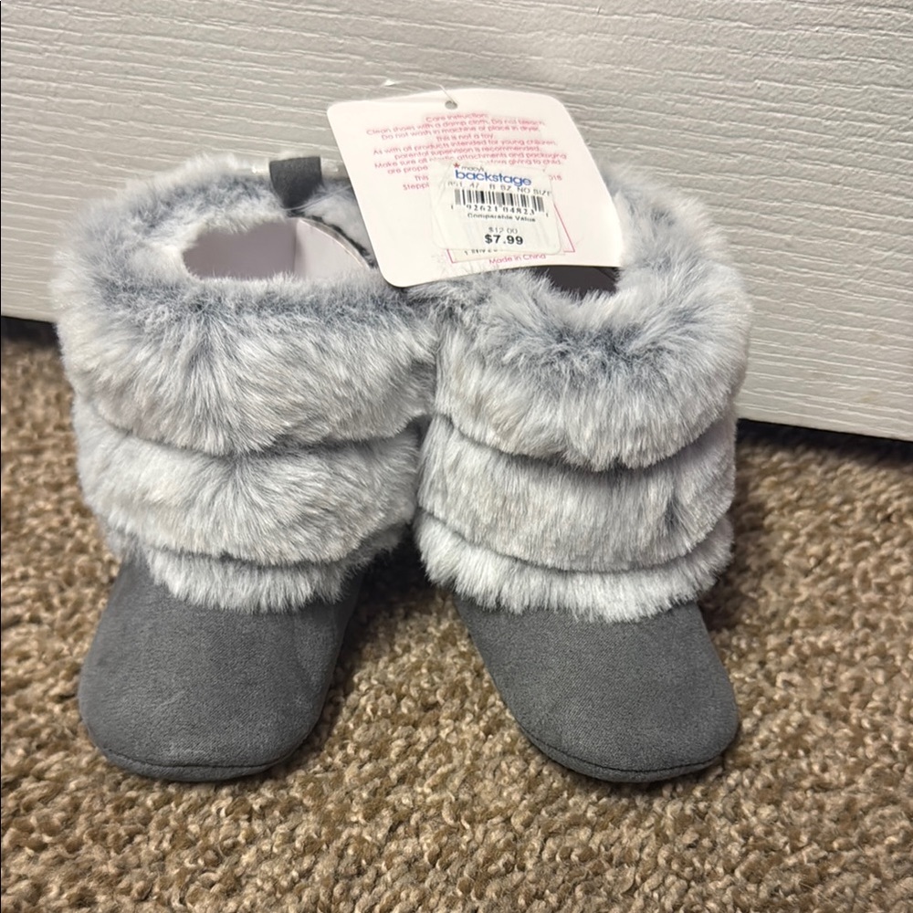 Gray Faux Fur Baby Booties